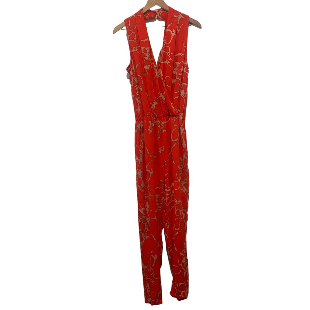 Revolve Karina Grimaldi Red Orange Jumpsuit V neck Patterned Pantsuit Style - Picture 2 of 11